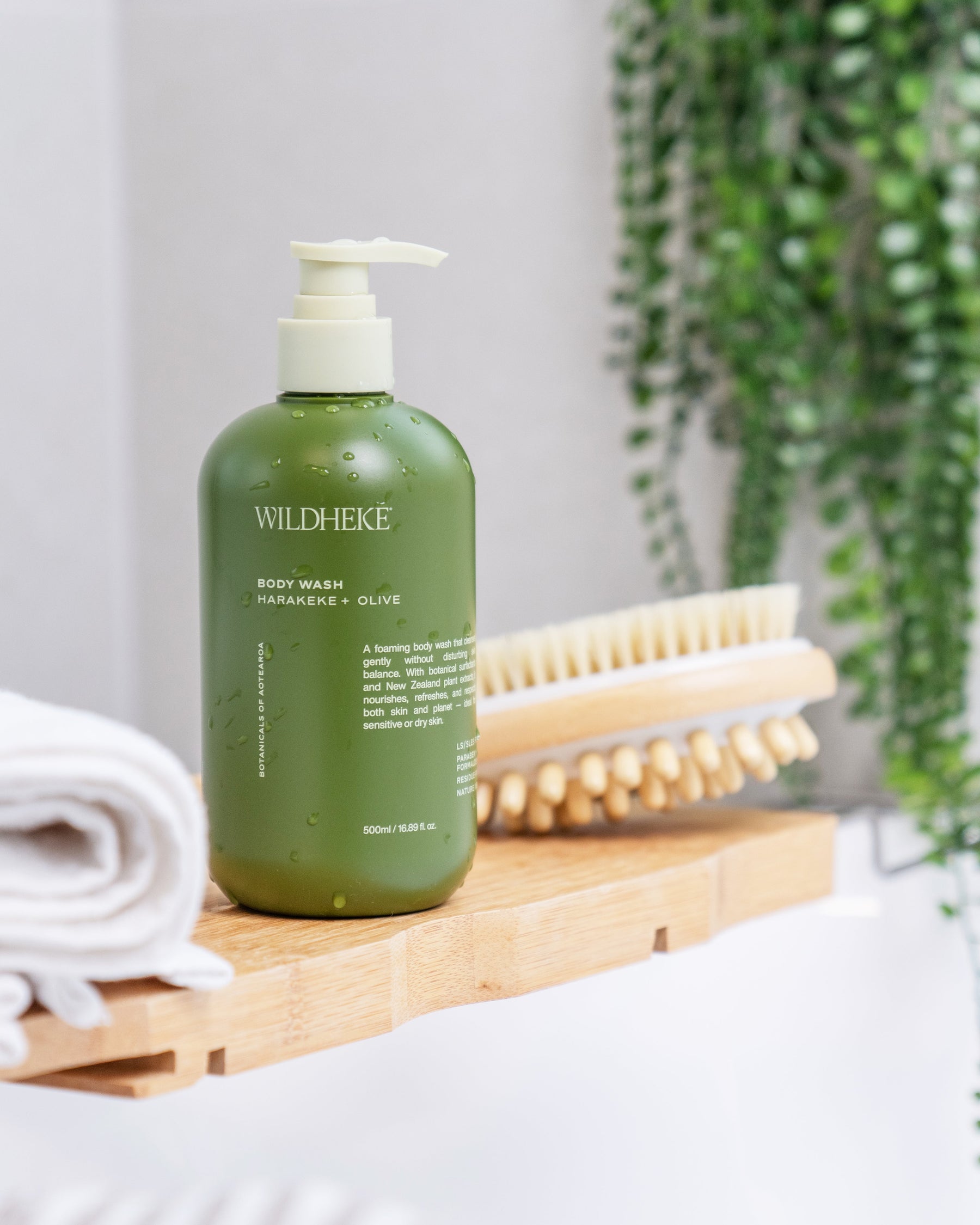 Wildheke body wash displayed with bathroom care essentials for everyday body care