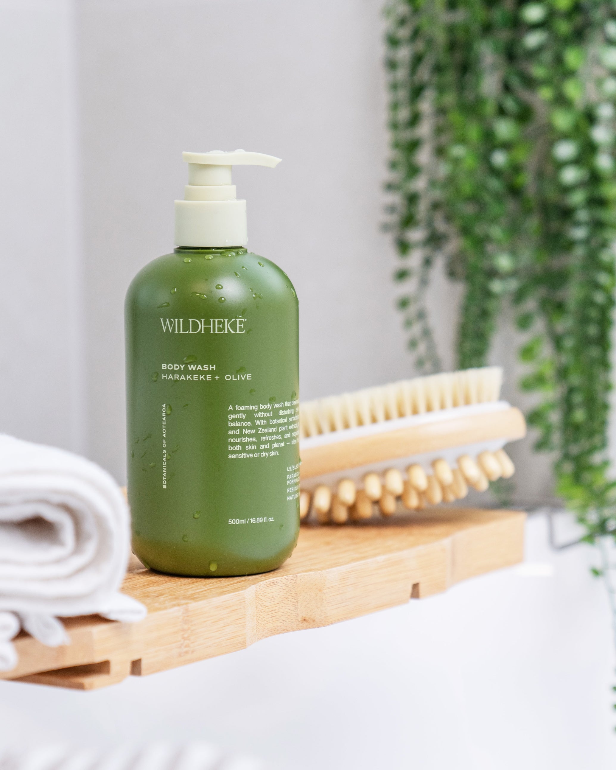 Wildheke body wash displayed with bathroom care essentials for everyday body care