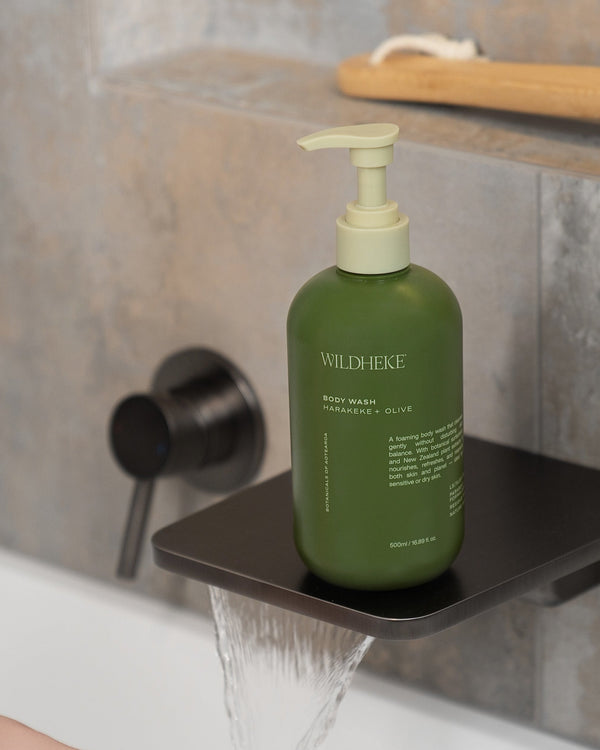 Wildheke body wash in a modern bathroom setting for an everyday shower routine