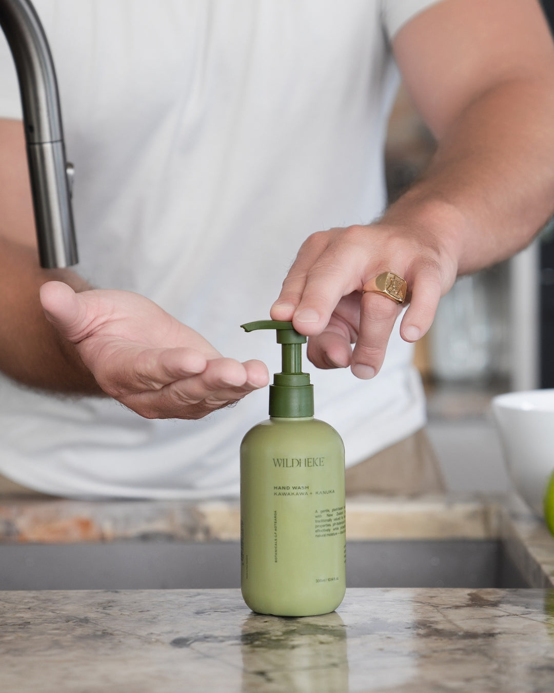Wildheke hand wash used in an everyday kitchen care routine