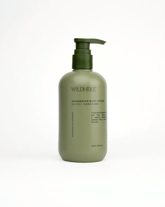 Wildheke magnesium body lotion with Olive and Kawakawa, made in New Zealand