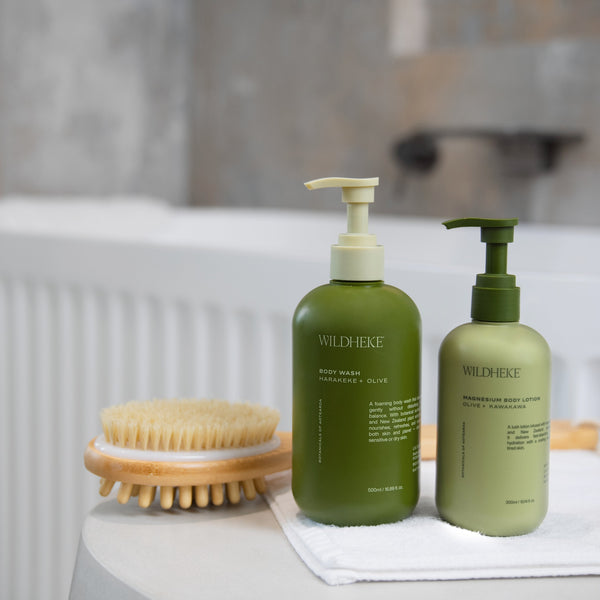 Wildheke plant-based body care set with body wash and body lotion, made in New Zealand