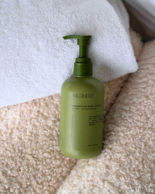 Wildheke plant-based body lotion with magnesium in a bathroom care routine