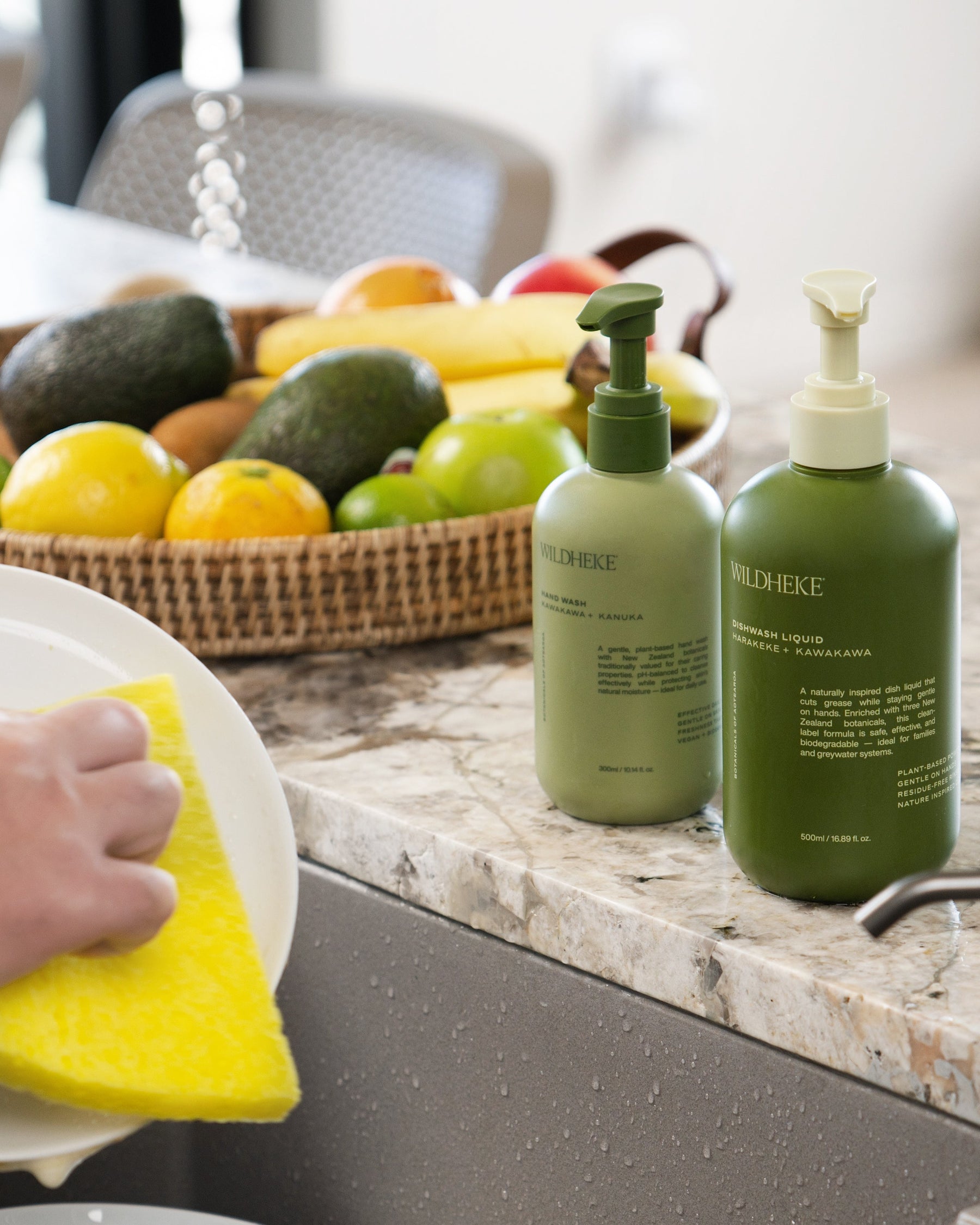 Wildheke plant-based dishwash liquid used at the kitchen sink for everyday dishwashing