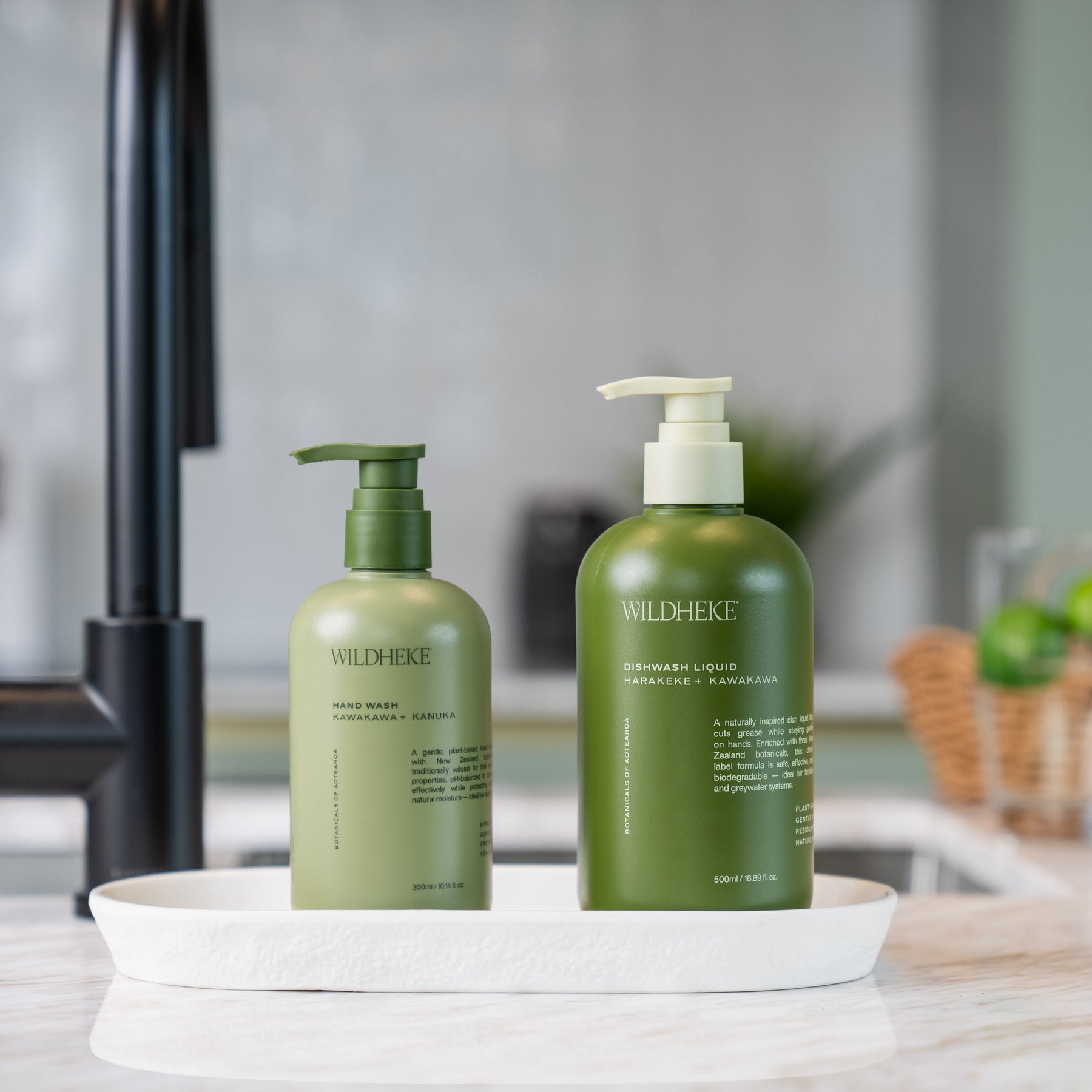 Wildheke plant-based kitchen care set with hand wash and dishwash liquid, made in New Zealand